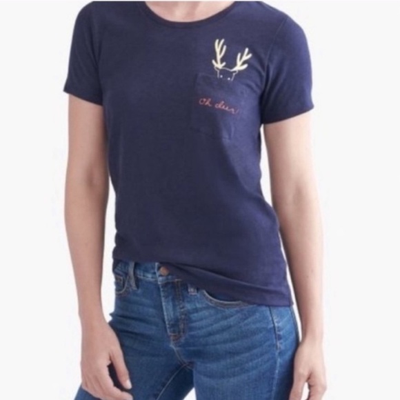 J Crew Mercantile Oh Deer! Navy Blue Holiday Pocket Tee w Cap Sleeves Size 3X - Picture 1 of 9